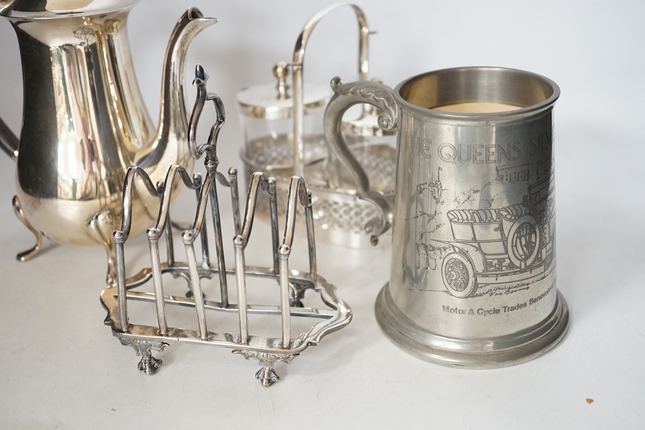 A quantity of assorted plated wares including tea sets, Guernsey milk cans, flatware etc. and other miscellaneous items